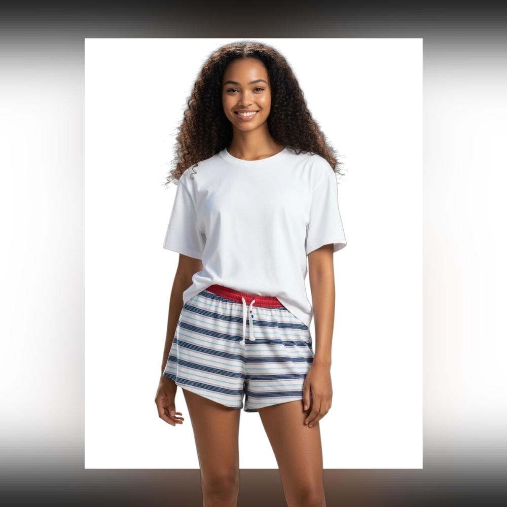 Sol Angeles Striped Pull on Comfy 100% Cotton Shorts Ladies Large USA RED Blue